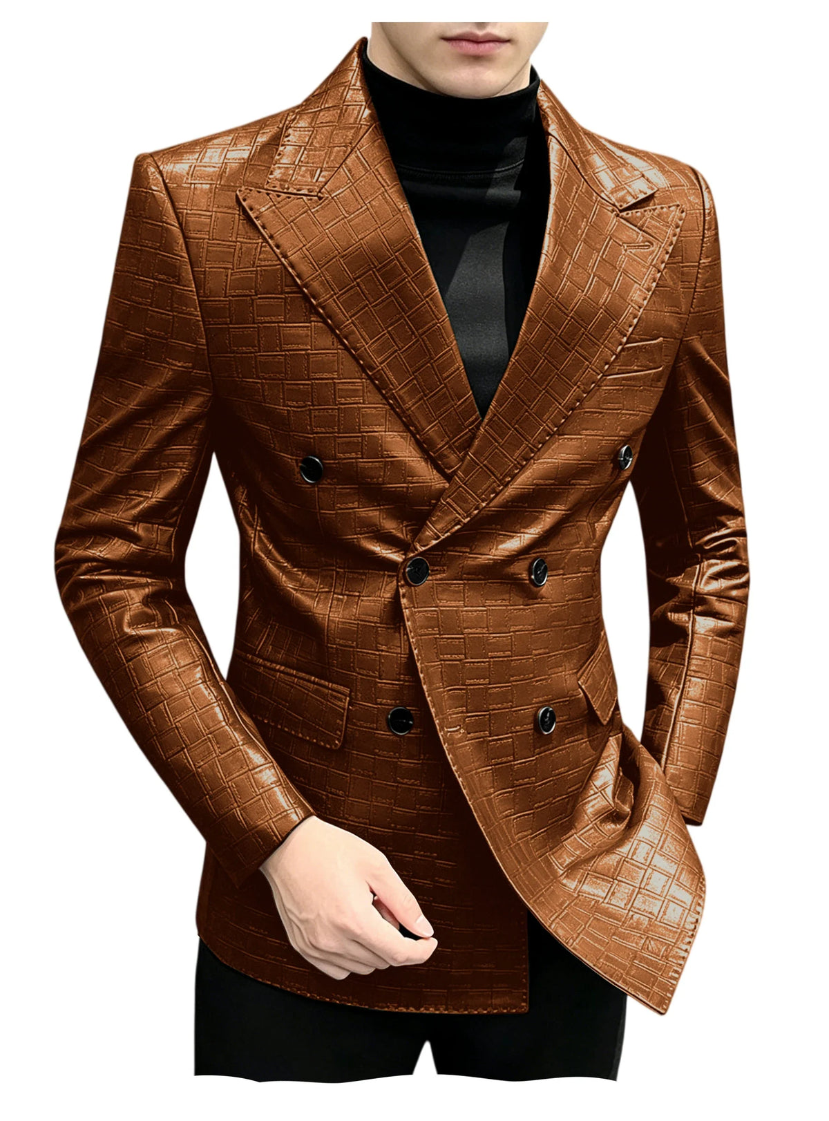 Men's Crocodile Leather Blazer Double Breasted Slim Fit Suit Jacket Formal Business Casual Sport Coat Wedding Party Streetwear
