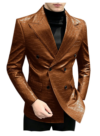 Men's Crocodile Leather Blazer Double Breasted Slim Fit Suit Jacket Formal Business Casual Sport Coat Wedding Party Streetwear