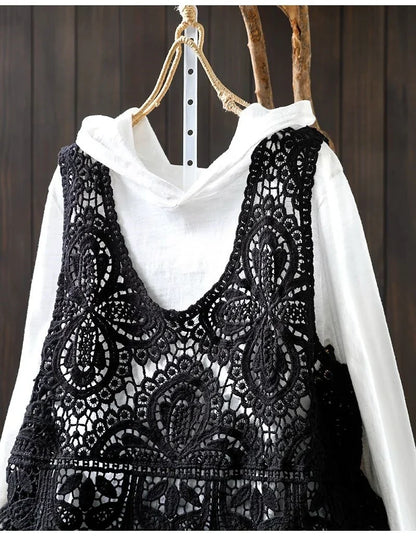 Summer Femme Lace Cotton Lined Vest Spring Women Fashion Knitted Crochet Sleeveless French Lady Hollow-out Sweater Waistcoat Top