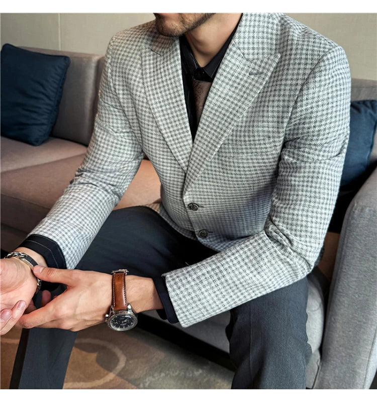 Autumn Winter Wool Thickened Plaid Suit Jacket Men High-quality Casual Business Men Blazer Slim Fit Wedding Social Dress Jackets