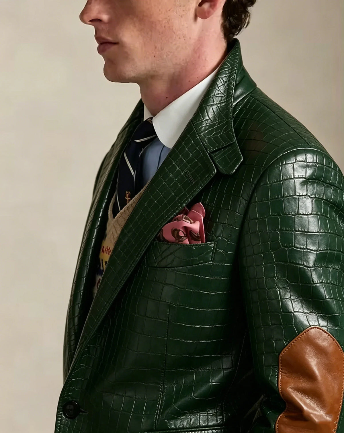 Men's Crocodile Embossed Leather Brown Jacket Patchwork Lapel Collar Slim Fit Luxury PU Blazer For Business Casual Party