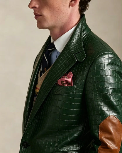 Men's Crocodile Embossed Leather Brown Jacket Patchwork Lapel Collar Slim Fit Luxury PU Blazer For Business Casual Party