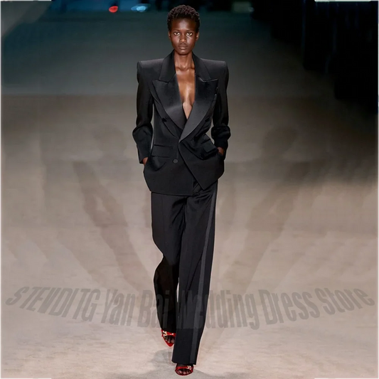 Women's Suit Two Pieces Black Satin Peak Lapel Double Breasted Blazer Wide Leg Trousers Runway Party Fashion Clothes Set