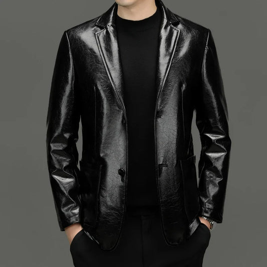 Men's Sheepskin Leather Blazer – Single Breasted Smart Casual Suit Jacket in Black for Spring and Autumn