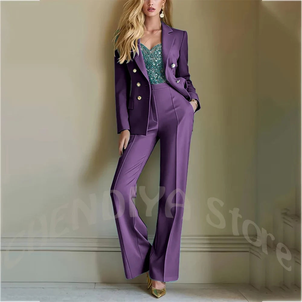 Solid Color Suit For Women High Quality Double Breasted Two Piece Notch Lapel Slim Fit Elegant Fashion Female Outfit Jacket Pant