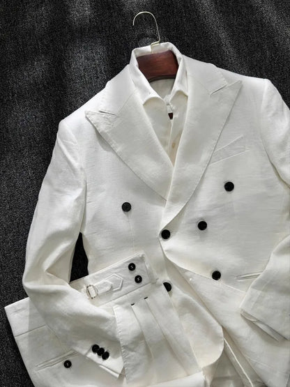 Men's Double-Breasted Linen Suit – Slim Fit Blazer & Pants Set for Wedding & Business