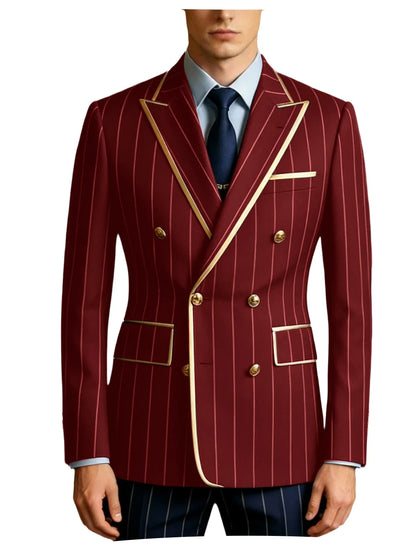 Men's Pinstripe Blazer Double Breasted Gold Trim Slim Fit Suit Jacket Peak Lapel Business Formal Tuxedo Coat for Wedding Prom