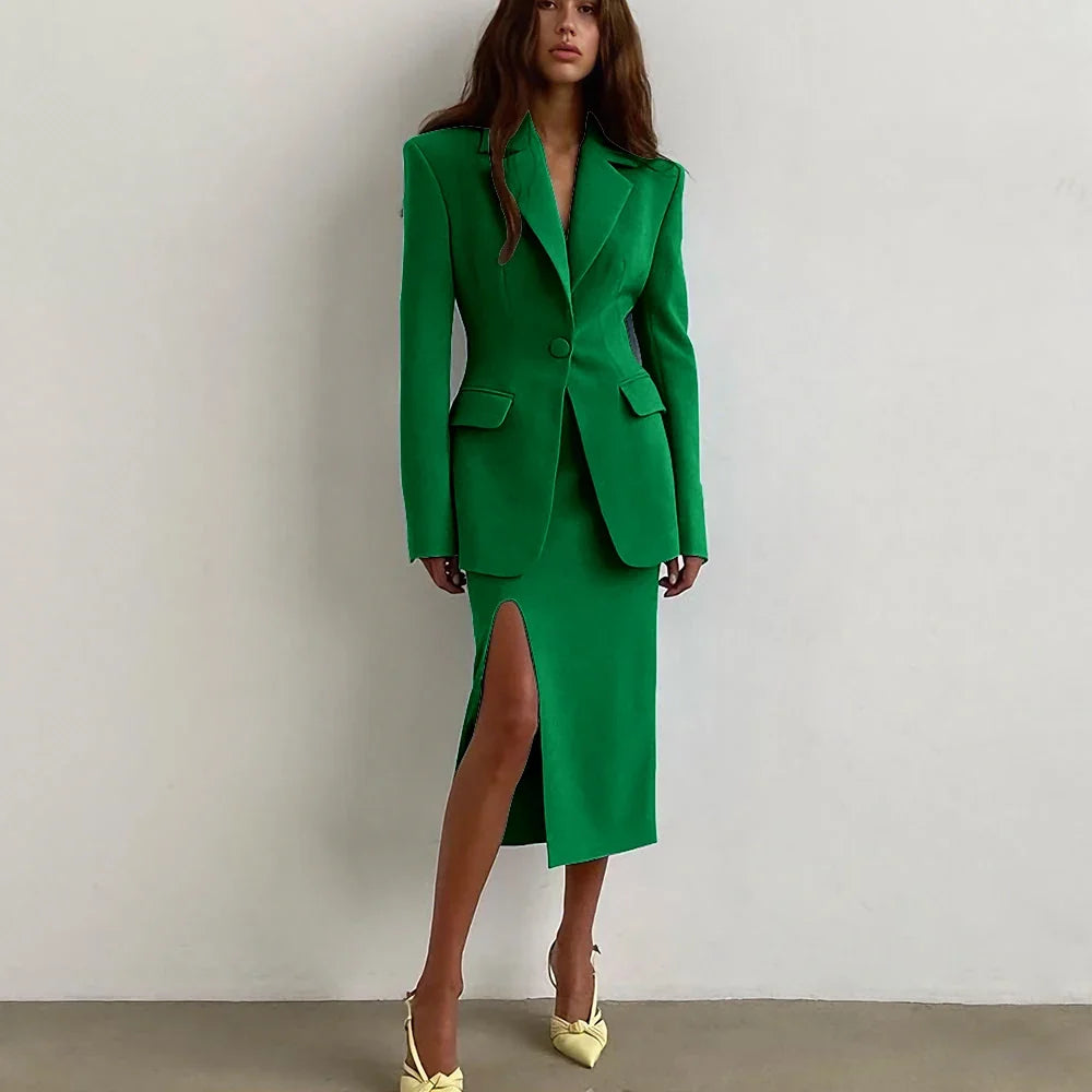 Professional Women's Single Button Notch Lapel Blazer Suit Side Slit Midi Skirt Set Elegant Party Office Fashion 2Piece Outfit