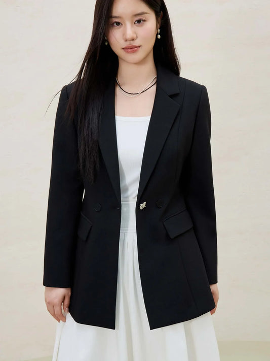 Women Black Blazer 2025 Spring Simple Temperament Slim Blazers Coats Two Button Decoration Office Lady Coat 25DS81145