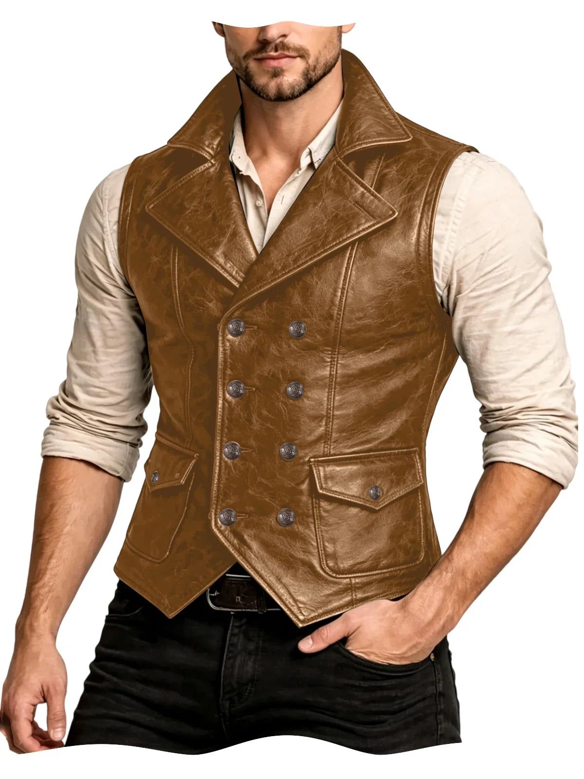 Men's Faux Leather Waistcoat Vintage Double Breasted Slim Fit Vest for Casual & Streetwear