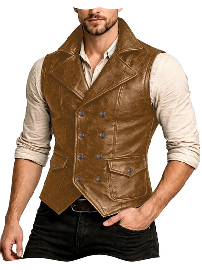 Men's Faux Leather Waistcoat Vintage Double Breasted Slim Fit Vest for Casual & Streetwear
