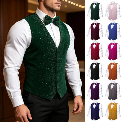 Men's Sequined Suit Vest & Bow Tie 3-Piece Set Black Green Red for Weddings & Evening Parties