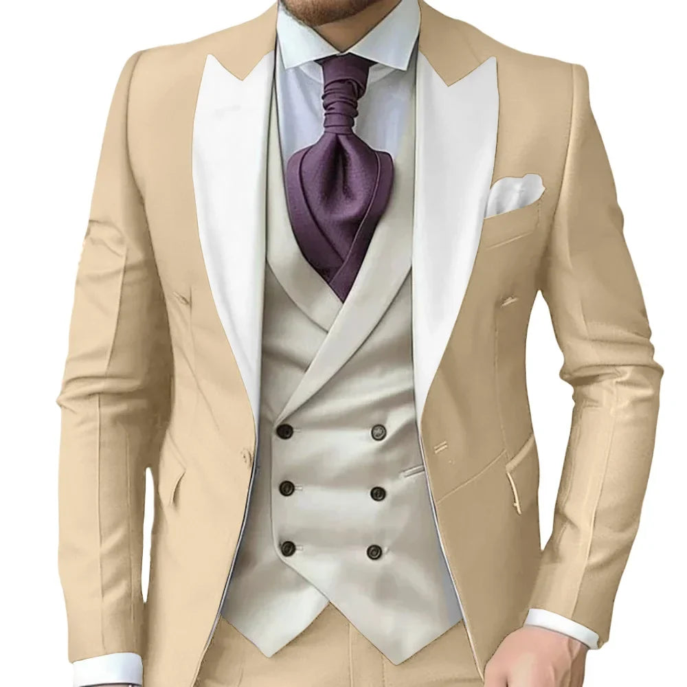 Fashionable Contrast Color Men's Suits 3 Pieces Jacket Vest Pants Dancing Sets Handsome Peak  Lapel Suit Set For Men Party Wear
