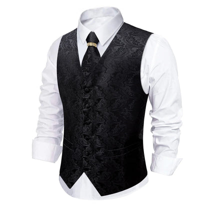 Men's Waistcoat All-Black Paisley Jacquard V-Neck 5-Piece Set for Wedding & Formal Occasions
