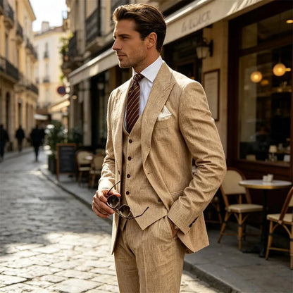Men's Suit Customized 3 Piece Blazer Vest Pant Linen Set Full Man Terno Linen Suit Notched Lapel Casual Tuxedo Summer Wedding