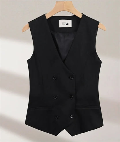 2025 Summer V-Neck Vest Women Thin Loose Waistcoat Double-breasted Sleeveless Blazer Female Slim Short Vest Femme Slim Buttons