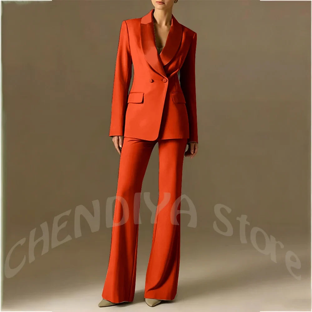 Classic Shawl Lapel Suit For Women Elegant Double Breasted Outfit Solid Color Two Piece Straight Modern Style Office Wear