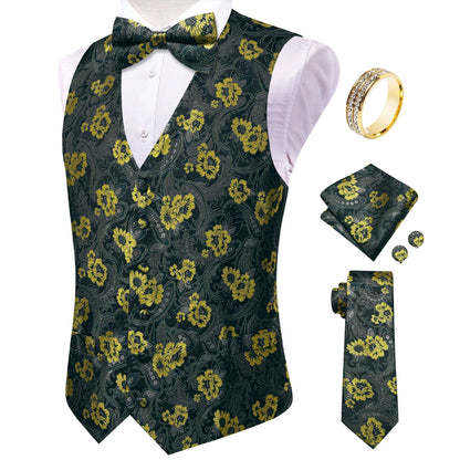 Men's Floral Waistcoat 6-Piece Set Black Yellow Single Breasted Vest for Wedding & Banquet