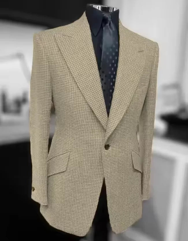 Formal Men's Jacket Houndstooth Woolen Brown Blazer with Peak Lapel Casual Wedding Business Party Coat Autumn Winter Customized