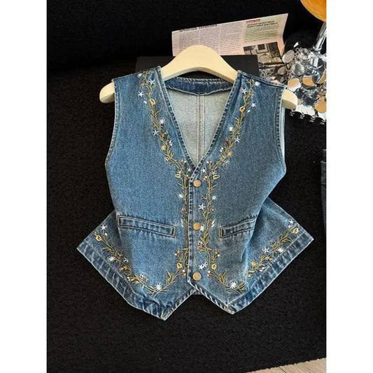 European Retro Heavy Industry Embroidered Denim Vest Women's Spring Summer 2026 New Loose Sleeveless Vest Jacket Jeans Waistcoat