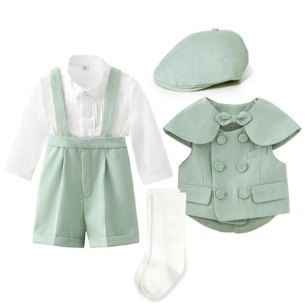 6Pcs Toddler Baby Boy Suit Light Green Waistcoat Shorts Bow Shawl Hat Kids Gentleman Outfit For Birthday Wedding Photo Shoot
