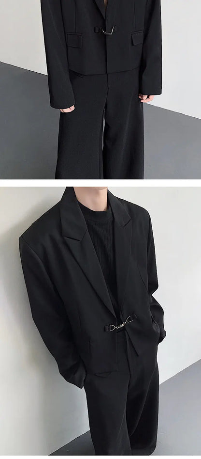 Fashion Korean Elegant Metal Buckle Placket Loose Blazer Coat Men 2025 New Solid Color Trendy Casual Male Clothes JY3447