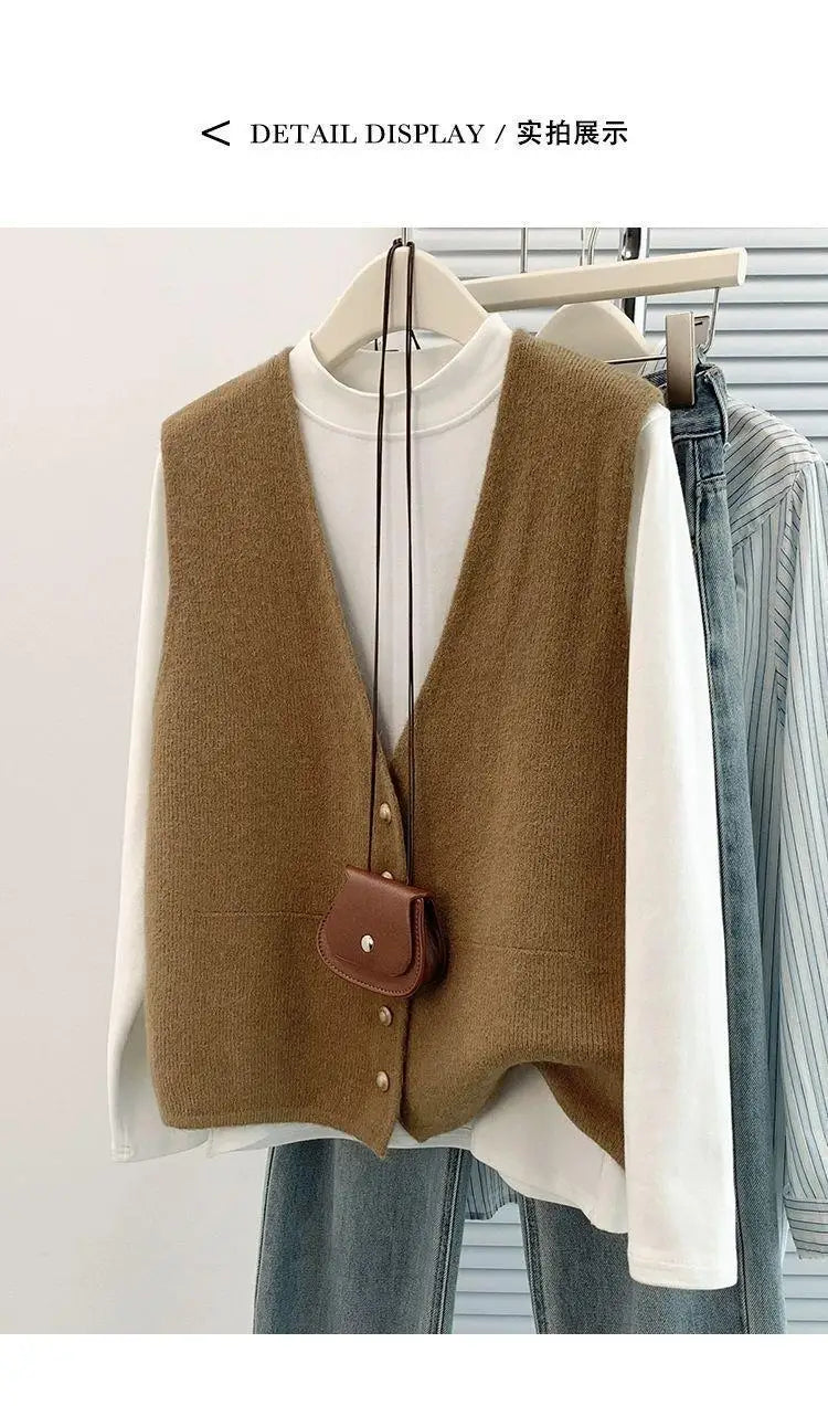 Women's Soft Knitted Vest  Women Casual Button Deep V-Neck Sleeveless Autumn  Pullover Simple Tank Tops Loose Knitwear  Tops