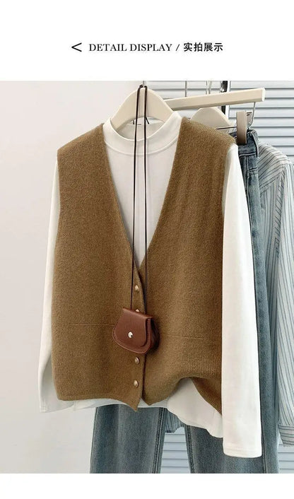 Women's Soft Knitted Vest  Women Casual Button Deep V-Neck Sleeveless Autumn  Pullover Simple Tank Tops Loose Knitwear  Tops