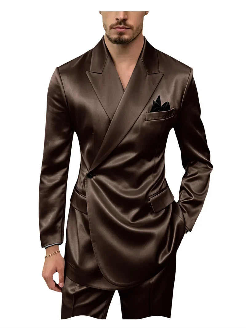 Men's 2 Piece Satin Suit Asymmetrical Wrap Peak Lapel Suit One Button Slim Fit Blazer Pants Wedding Formal Evening Luxury Outfit