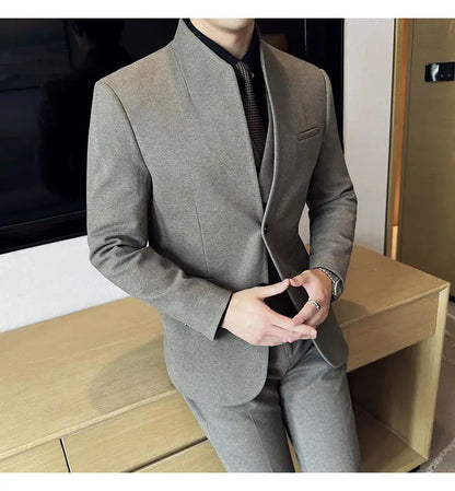 Men's 3-Piece Slim Fit Stand Collar Suit – Wedding, Prom & Office Formal Set