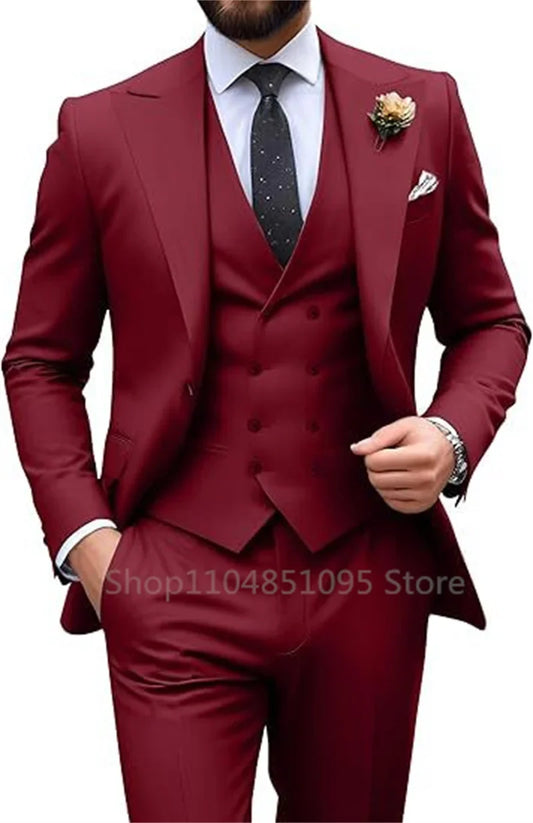 High Quality Smart Casual 3 Piece Men Suits Single Breasted Slim Fit Blazer Vest Pants Wedding Business Costume Homme for Party