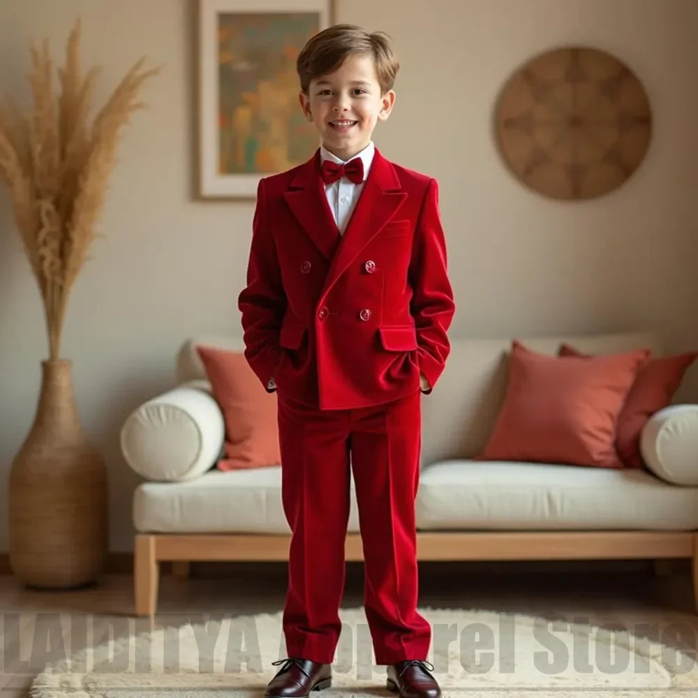 Chic Velvet Boys Suit Two Piece Double Breasted Blazer with Pants Fashion Kids Evening Wedding Page Boy Party Tuxedo 2026