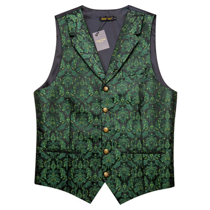 Men's Vest Green Floral Waistcoat with Tie Hanky Cufflinks Set for Wedding Banquet