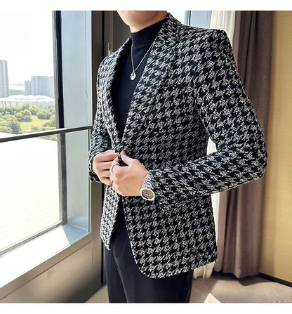 2023 Autumn Winter Plaid Men Blazers Thickened Casual Business Suits Jackets Single Buckle Wedding Groom Streetwear Social Coat
