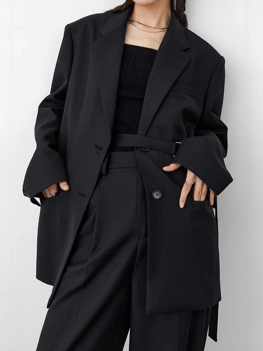 New Women Woolen Blazers Solid Loose Casual Suit Jacket Lace Up Mid-length Office Ladies Coat Autumn Winter 2025