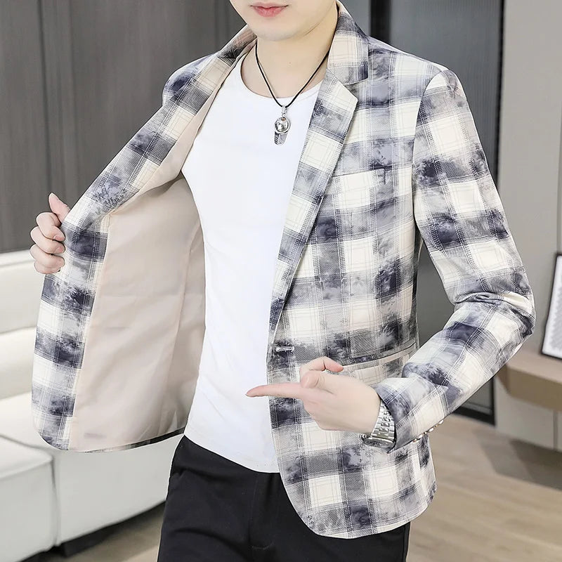 Blazer Men's Fashionable Casual Business Gentleman Outdoor Trendy Checkered Banquet Versatile and Slimming Korean Version Blazer