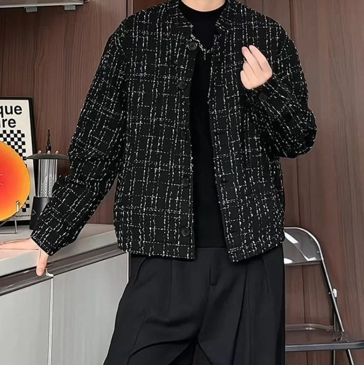Men's Spring High-End Plaid Blazer Bad Boy Style Cropped Jacket Chinese Stand Collar Suit Outerwear