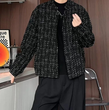Men's Spring High-End Plaid Blazer Bad Boy Style Cropped Jacket Chinese Stand Collar Suit Outerwear
