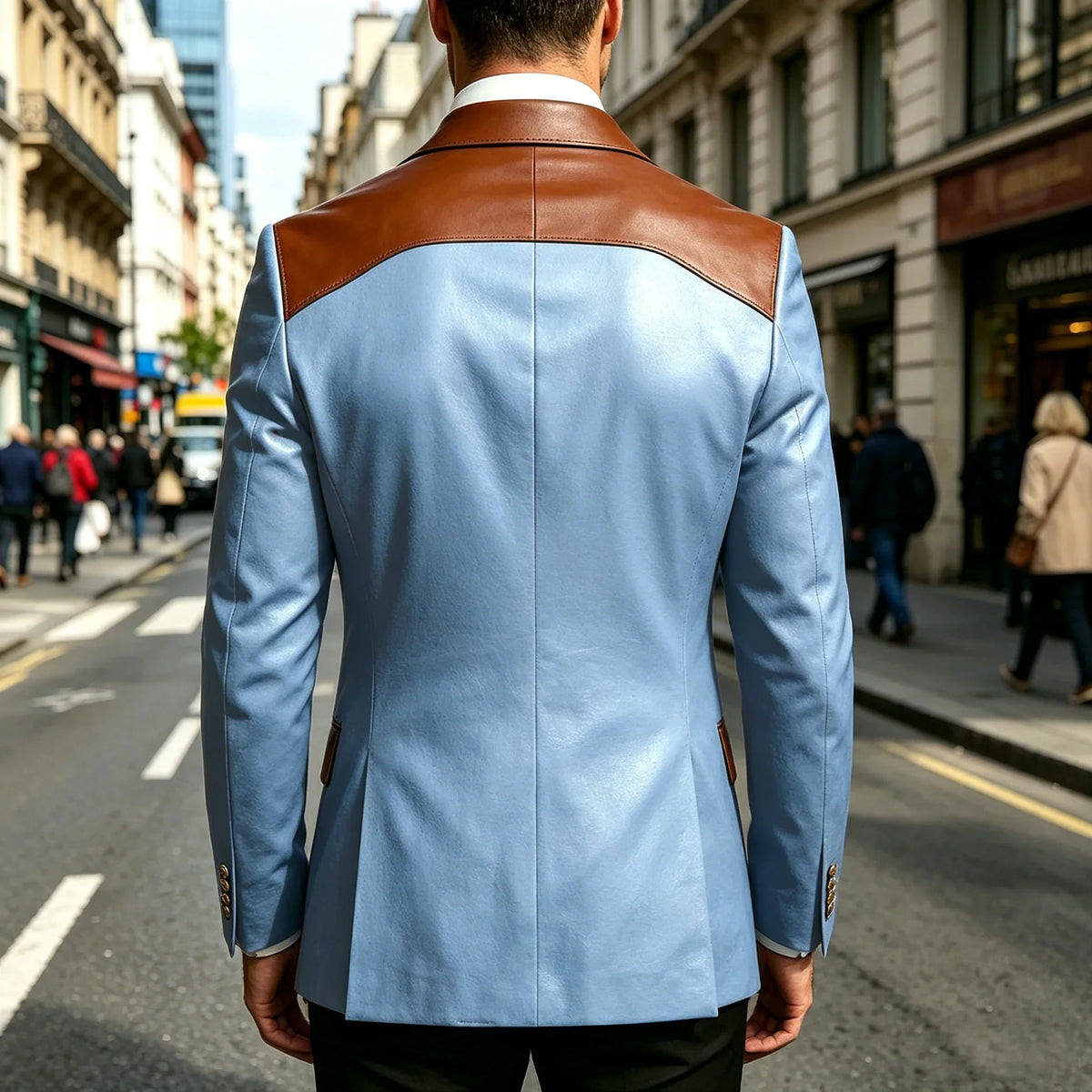 Luxury Men's Colorblock Leather Blazer Double Breasted Notched Lapel Business Casual Suit Jacket Fashion Formal Wear for Wedding