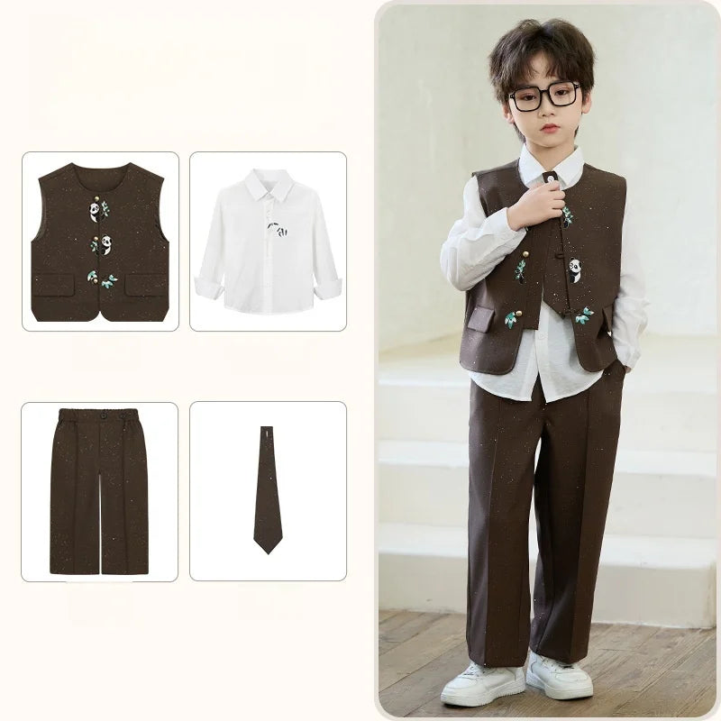 90-160 Kids New Chinese Tang Suit Hanfu Embroidery Suit Flower Boys Host Recitation Performance Costume