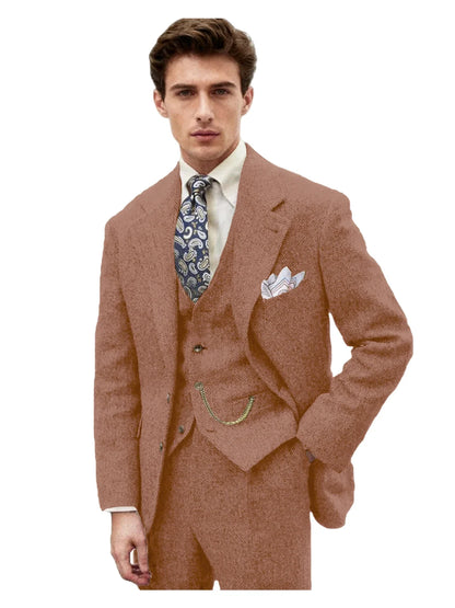 3 Piece Grey/Brown Mens Tweed Herringbone Wedding Suit Prom Tuxedos Peak Lapel Tweed for Business Slim Fit (Blazer+Vest+Pants)