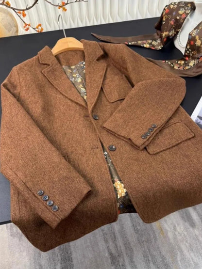 Autumn Office Ladies Work Mid Long Loose Fit Woolen Blazer Jacket Single Breasted Women Vintage Business Casual Suit Coat Blazer