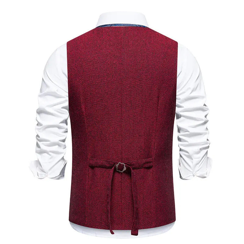 Men's Triple-Breasted Herringbone Tweed Vest – Retro Fake Two-Piece Waistcoat for Weddings & Smart-Casual Occasions