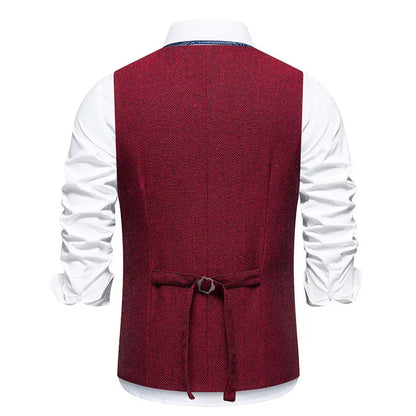 Men's Triple-Breasted Herringbone Tweed Vest – Retro Fake Two-Piece Waistcoat for Weddings & Smart-Casual Occasions