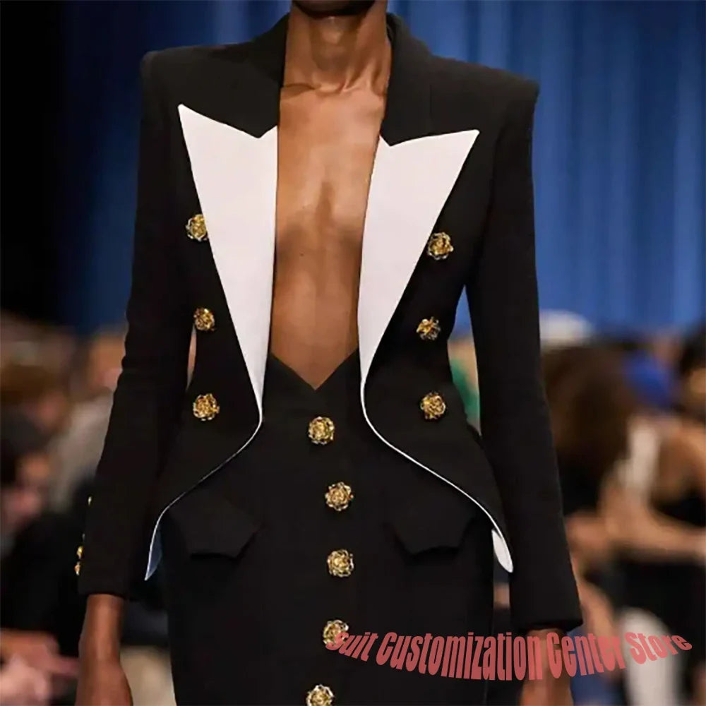 Customized Peaked Lapel Women's 2 Pieces Jacket+Mini Skirt Vintage Double Breasted Blazer Slim Fit Celebrity Party Outerwears