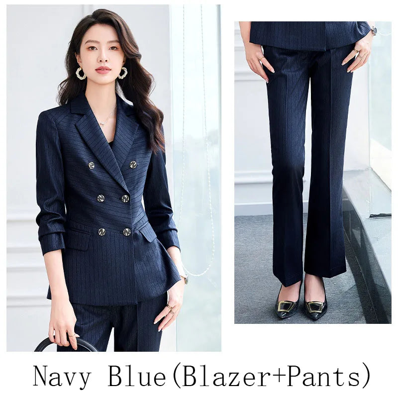 High Quality Women Navy Blue Green Pant Suit Female Button Decoration Blazer and Trouser 2 Piece Set For Office Ladies Work Wear