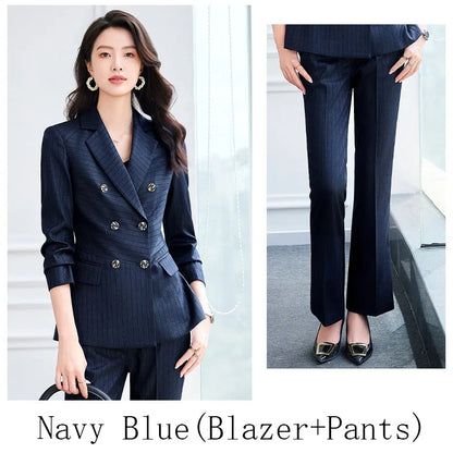 High Quality Women Navy Blue Green Pant Suit Female Button Decoration Blazer and Trouser 2 Piece Set For Office Ladies Work Wear
