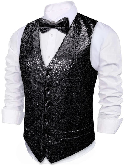 Men's Vest and Bow Tie Set – Silver-Gray Sequin – Party, Stage & Nightclub Wear