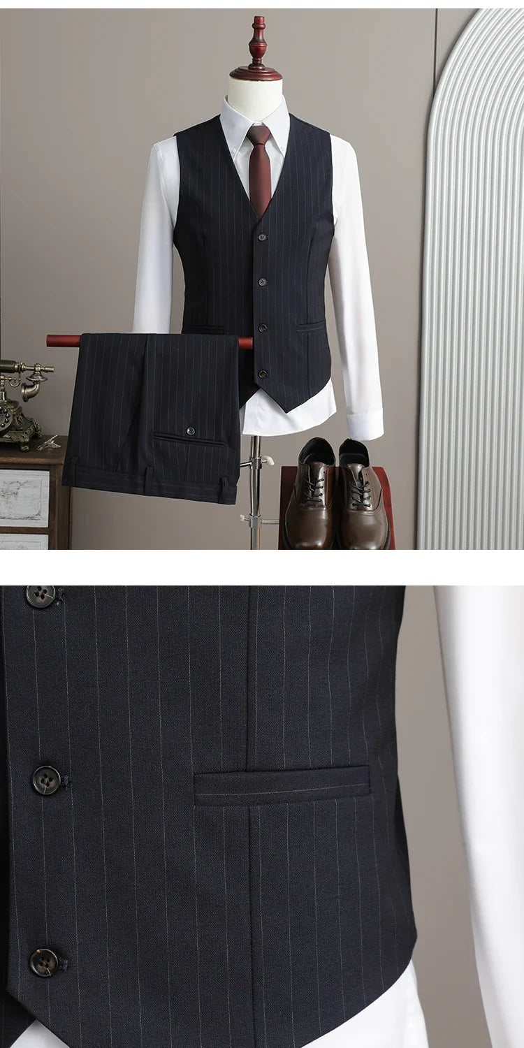 A Stylish and Cool Striped Casual Business Three-Piece Suit Set for the Autumn of 2025, a High-Quality Wedding Suit