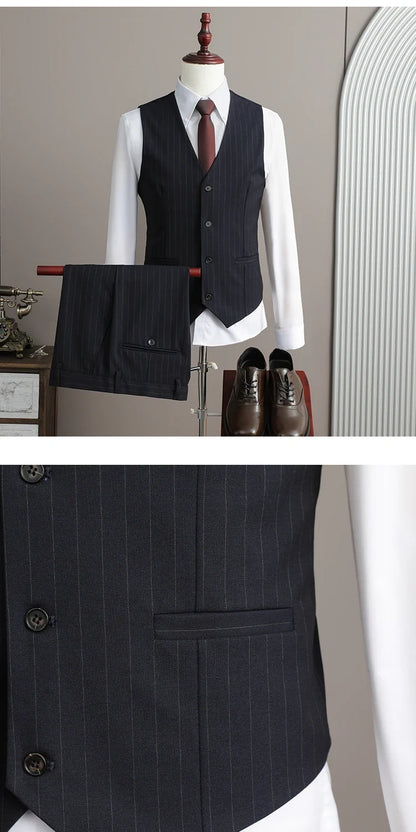 A Stylish and Cool Striped Casual Business Three-Piece Suit Set for the Autumn of 2025, a High-Quality Wedding Suit